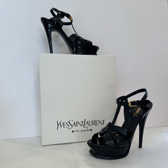YVES SAINT LAURENT RIVE GAUCHE TRIBUTE PLATFORM SANDALS IN BLACK PATENT LEATHER - Picture 1 of 6